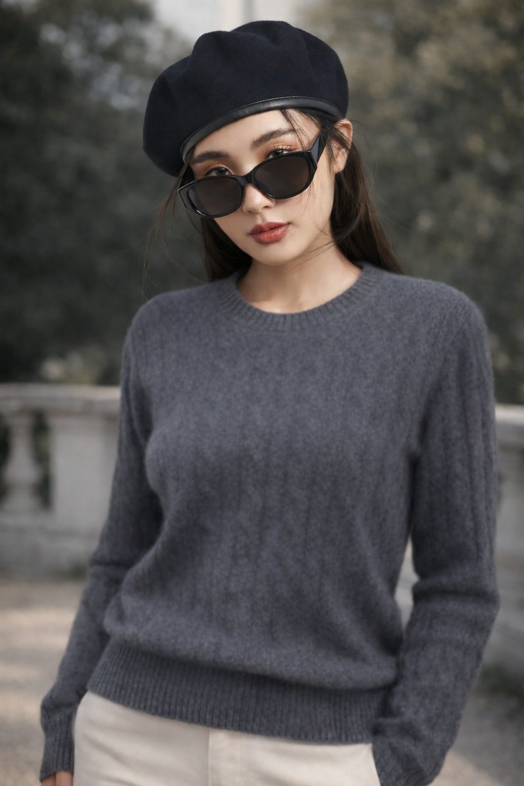 Woman wearing a black beret and sunglasses with a charcoal grey knit sweater and light trousers in an outdoor setting