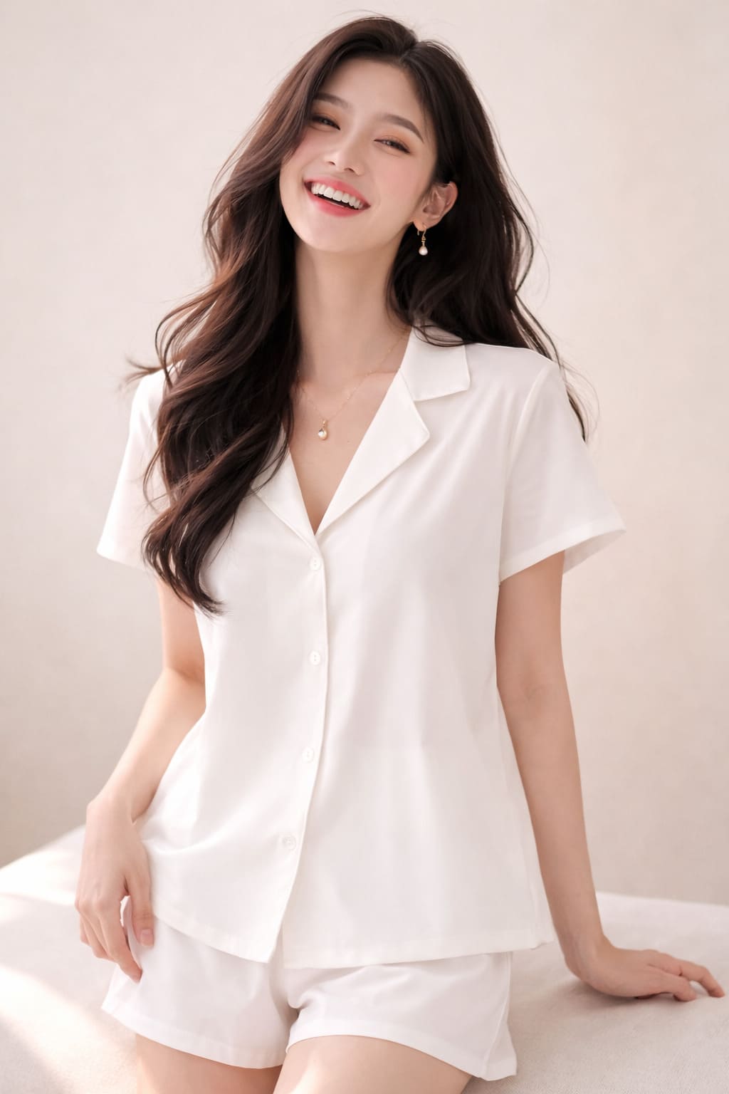 Smiling woman in a white short-sleeve button-up loungewear top and matching shorts in soft studio lighting on a neutral background