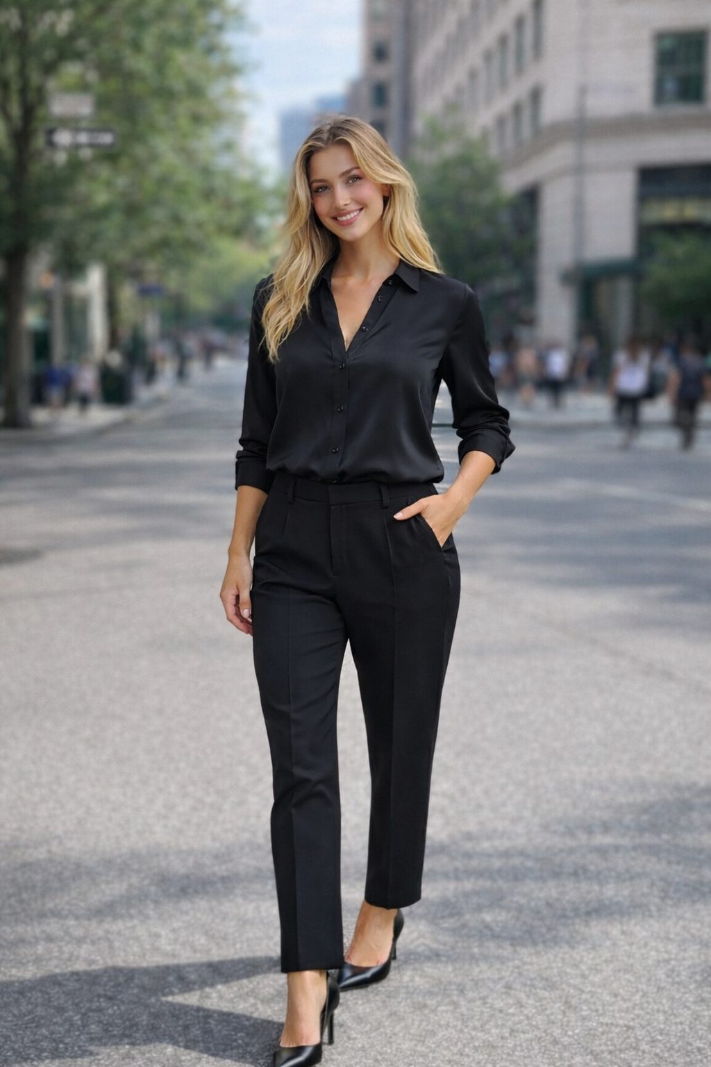 Woman wearing a black long-sleeve button-front blouse with tailored black ankle-length trousers and pointed heels on a city street