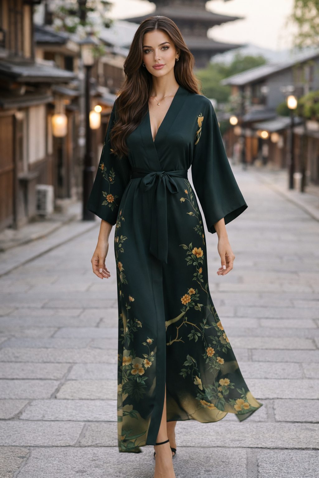Woman walking on a traditional Japanese street wearing a deep green wrap robe dress with a tie belt and subtle floral print