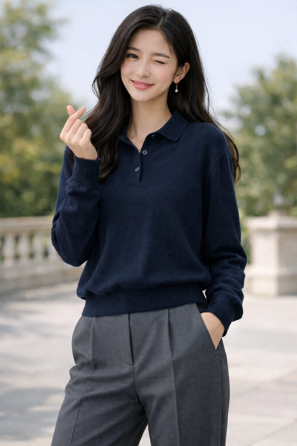Woman with long wavy hair wearing a navy knit polo sweater and high-waisted tailored trousers outdoors, smiling with a finger-heart gesture