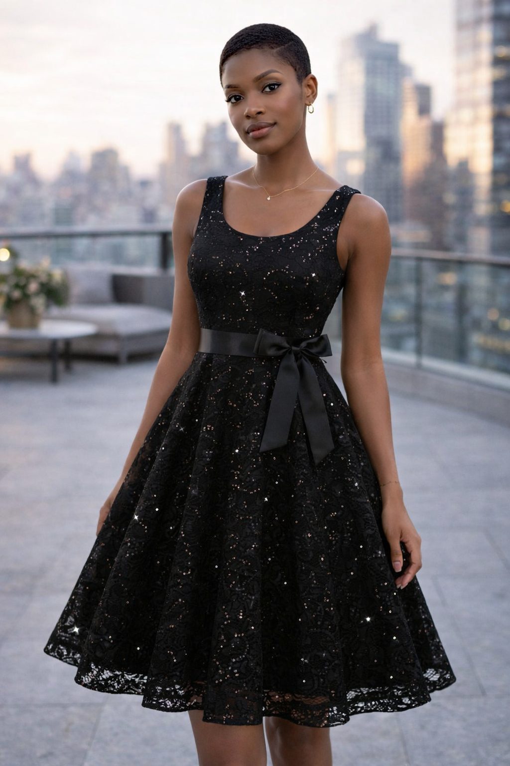 Woman wearing a black sleeveless fit-and-flare dress with lace texture and subtle shimmer in a softly blurred rooftop editorial setting