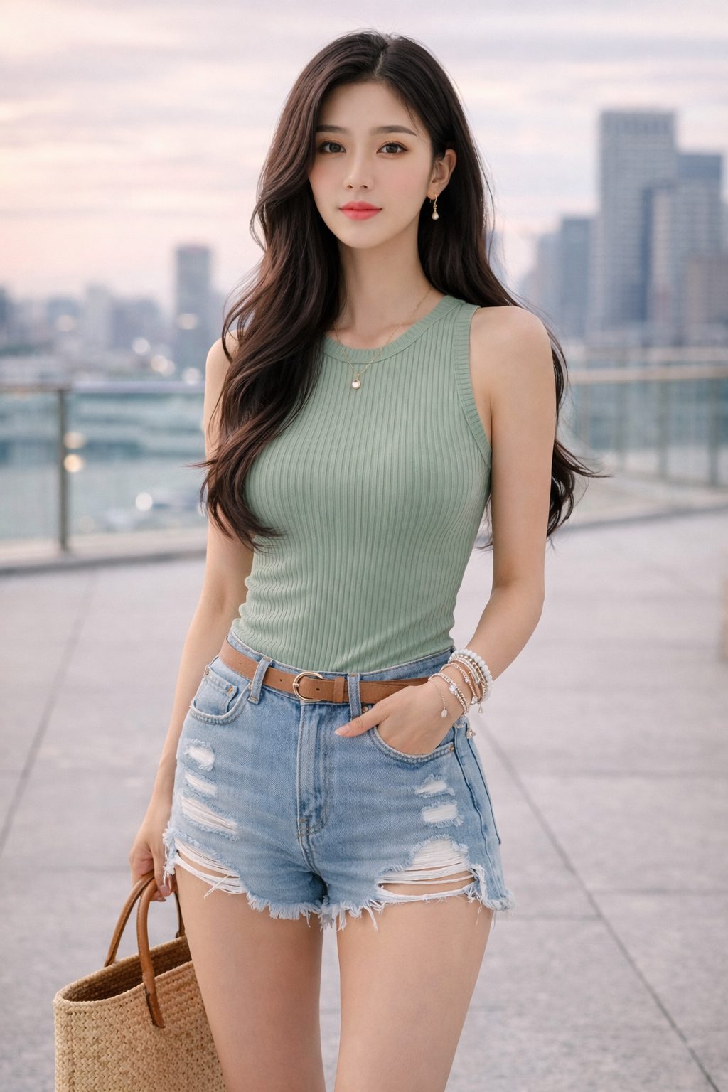 Woman wearing a sage green ribbed sleeveless top with light distressed denim shorts and a woven tote on a rooftop terrace